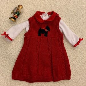 Red cable sweater dress and My First Christmas top